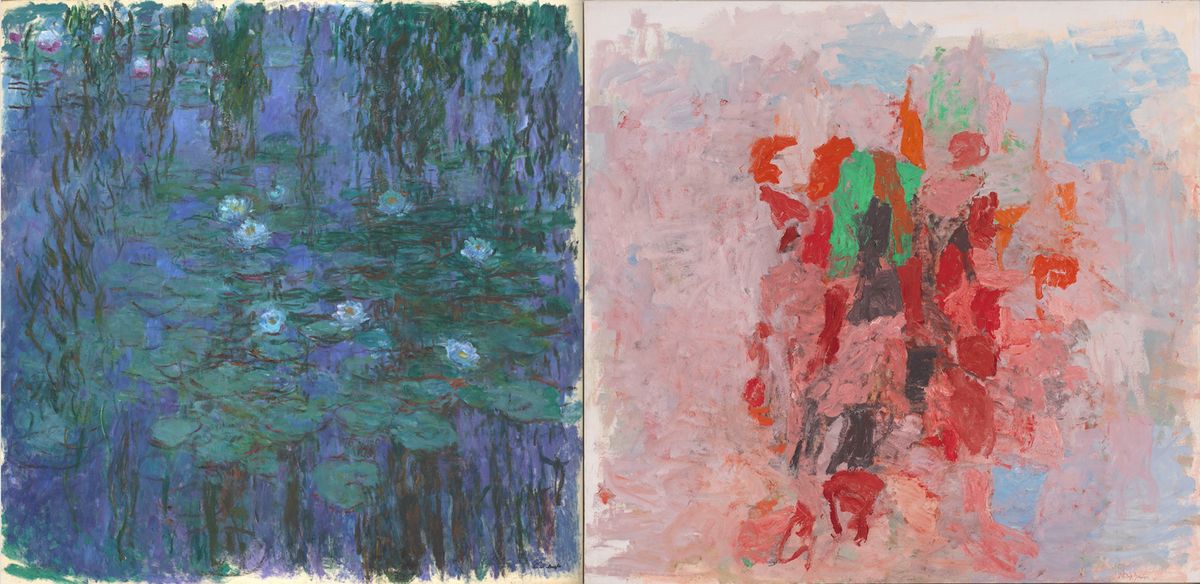 Claude Monet's Nymphéas bleus (1916-19) and Philip Guston's Dial (1956) Monet: Musée d’Orsay, Dist; RMN-Grand Palais / Patrice Schmidt. Guston: Whitney Museum; Estate of Philip Guston; courtesy of Hauser & Wirth