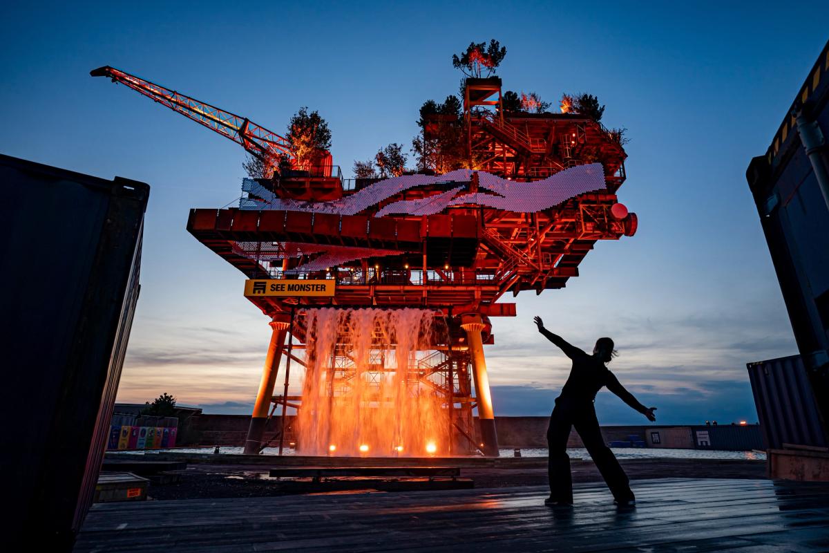 See Monster, housed a decommissioned North Sea oil rig located in the coastal town of Weston-super-Mare
 © Ben Birchall, Courtesy UNBOXED/ Creativity in the UK (2022) and NEWSUBSTANCE