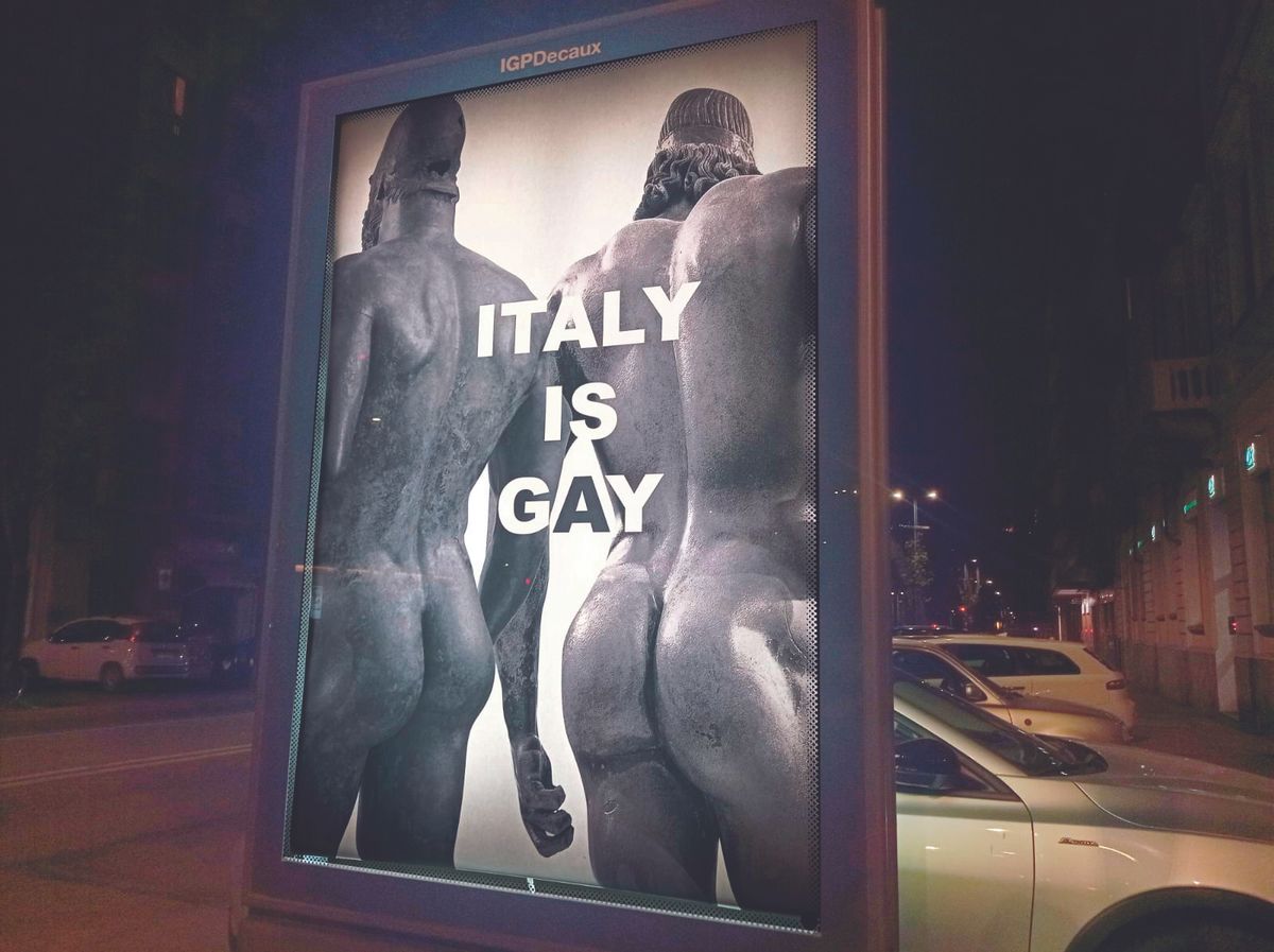 In March Andrea Villa’s posters, depicting the fifth century BC Riace bronzes, were pasted along a Turin thoroughfare
Photo: Andrea Villa