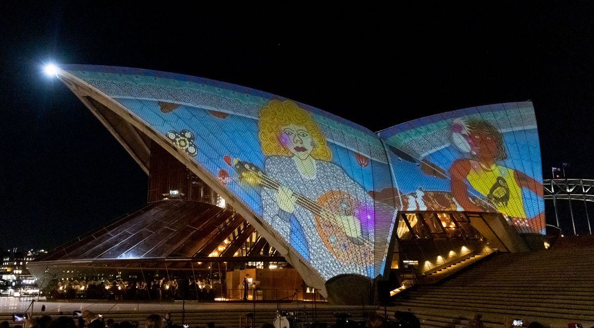 Dolly visits Indulkana (2020), a work by Aboriginal artist Kaylene Whiskey projected on the Sydney Opera House façade as part of Badu Gili: Wonder Women, a project to celebrate the 150th anniversary of the Art Gallery of New South Wales Photo: © Brook Mitchell/Getty Images for Art Gallery of NSW