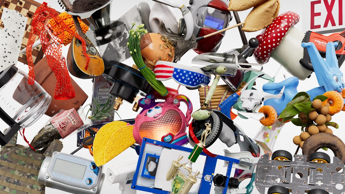 Urs Fischer's CHAOS 502 (2024), an example of what collectors could create from the artist's 3D renderings of everyday objects that were previously merged as pairs to make his 2022 series CHAOS #1–#500 Courtesy: Urs Fischer and 1OF1