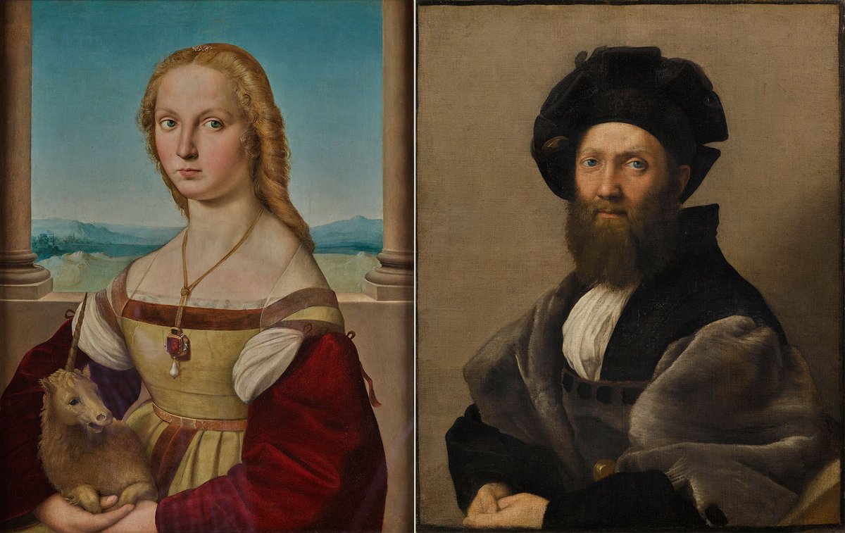 Left: Raphael, Portrait of a Lady with a Unicorn, 1505-6; right: Raphael, Portrait of Baldassarre Castiglione, 1514-1516 Left: © Galleria Borghese, Rome. Photo by Mauro Coen. Right: Musée du Louvre, Paris, département des Peintures. Image © RMN-Grand Palais / Art Resource, NY