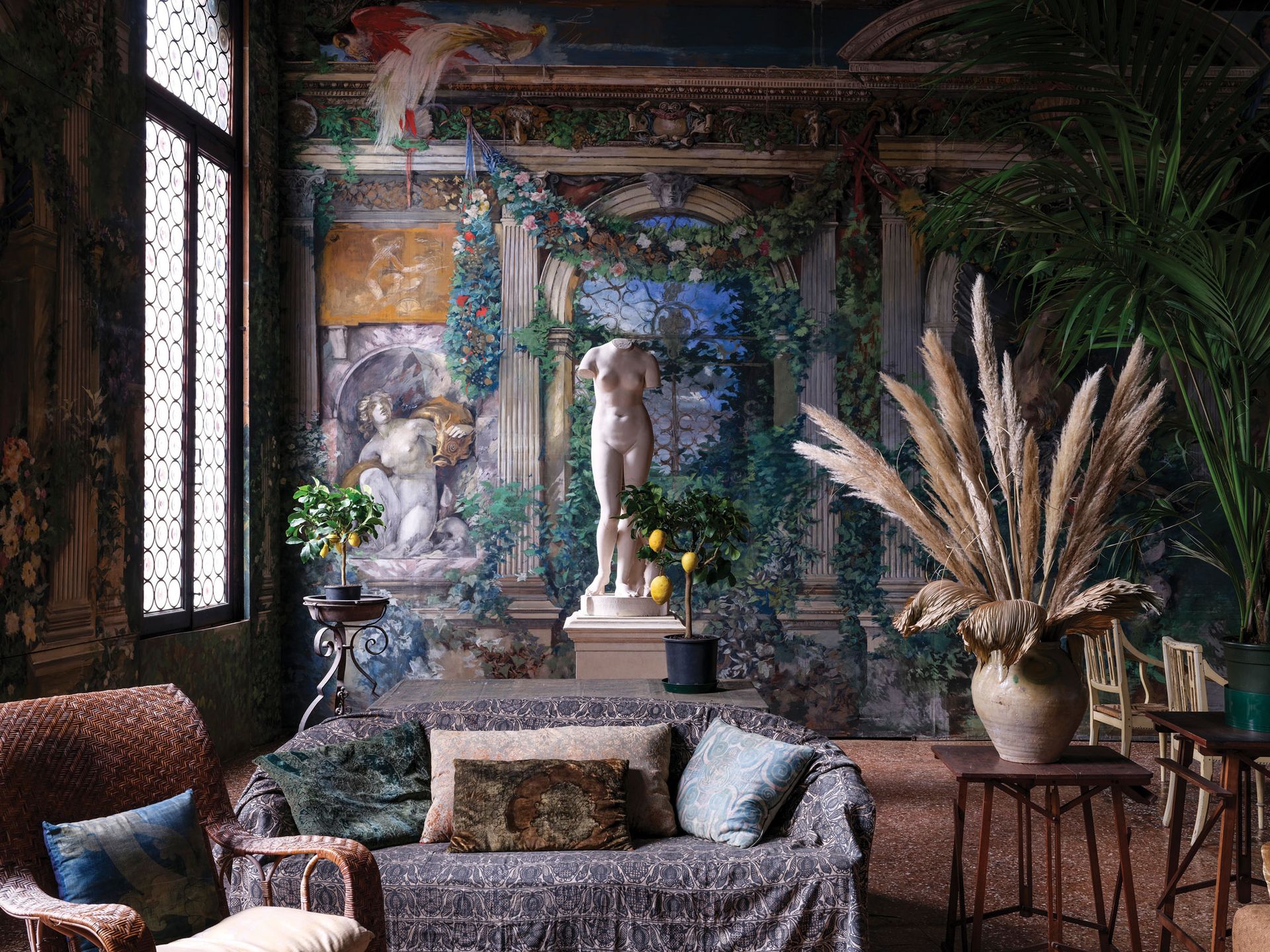 Obscured by furniture for years, the mural The Winter Garden (1915-40s) is now resplendently uncovered at Museo Fortuny, the Venetian house-museum devoted to the Spanish artist and designer Mariano Fortuny y Madrazo Photo: Massimo Listri