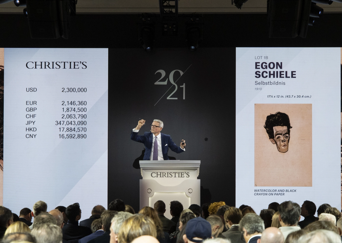 Jussi Pylkkänen, the former global president of Christie’s, sells one of seven watercolours by Egon Schiele returned to Fritz Grünbaum's heirs last year. The lot sold for $2.8m with fees in the 20th Century Evening Sale. Courtesy Christie's