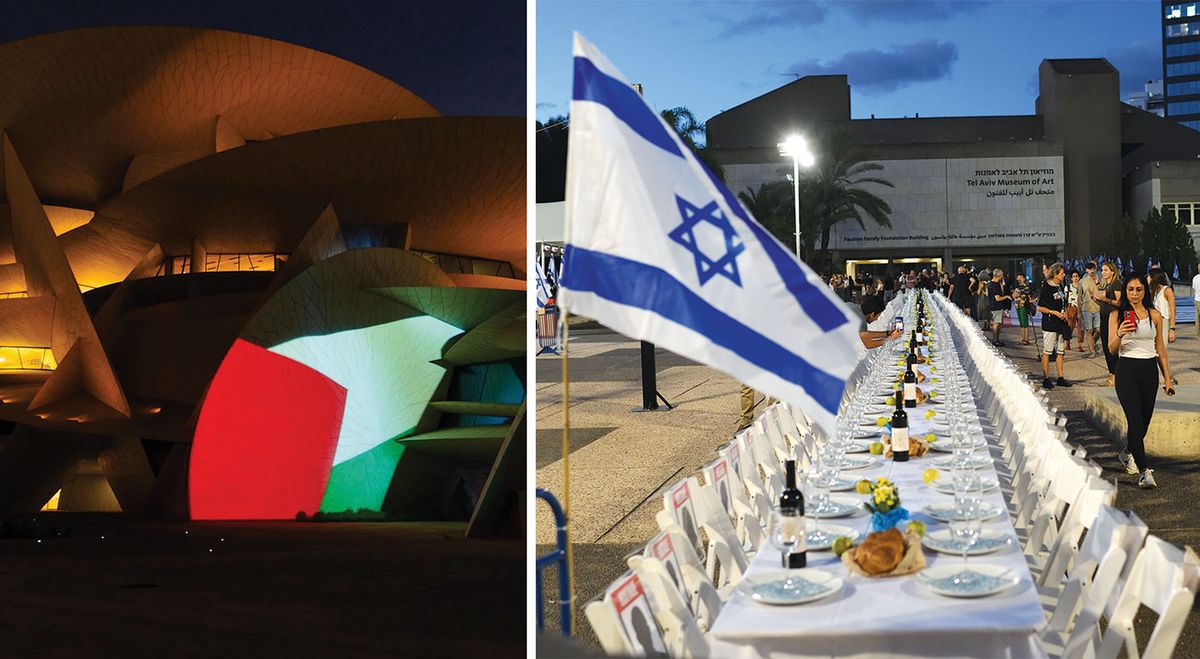 Left: a Palestinian flag projected onto the National Museum of Qatar in Doha; the country is seen as key to negotiations in the conflict. Right: empty chairs outside the Tel Aviv Museum of Art are a reminder of the more than 200 hostages held by Hamas 
Left to right: © Al Mayassa bint Hamad Al-Thani; © Gili Yaari/NurPhoto via Getty Images