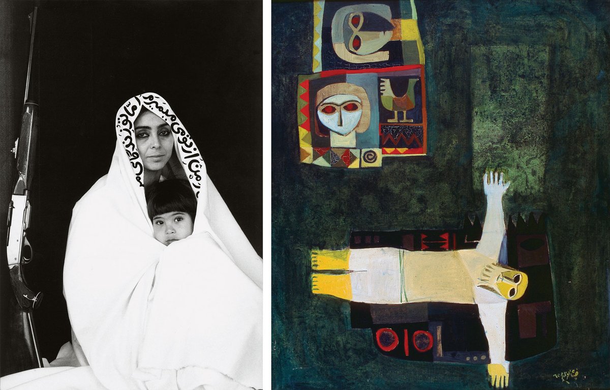 Shirin Neshat's My Beloved (1995) and Dia al-Azzawi's Ishtar My Love (1965) © Shirin Neshat. Courtesy of the artist and Gladstone Gallery, New York; Courtesy of the artist and Mathaf: Arab Museum of Modern Art, Doha