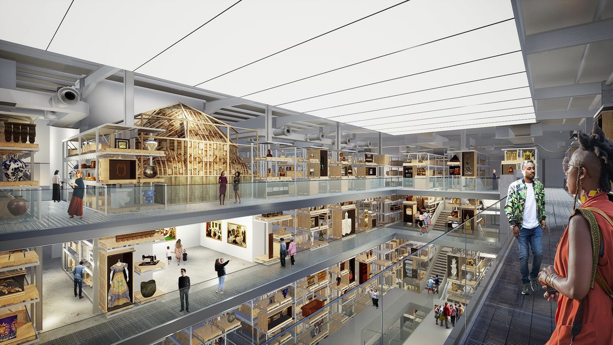 Internal render view of the central collection hall in V&A East Storehouse © Designed by Diller Scofidio + Renfro, 2021
