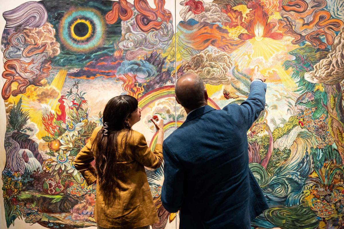 Visitors examine Ken Gun Min’s 2023 work An eclipse does not come alone (West Lake Moon, East Lake Sun) on the stand of the Los Angeles-based gallery Nazarian Curcio during the 2023 edition of Expo Chicago

Photo: Justin Barbin