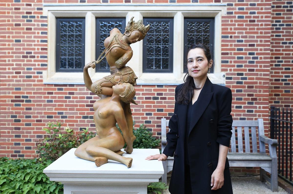 Shahzia Sikander with her work Promiscuous Intimacies (2020) at Jesus College, Cambridge