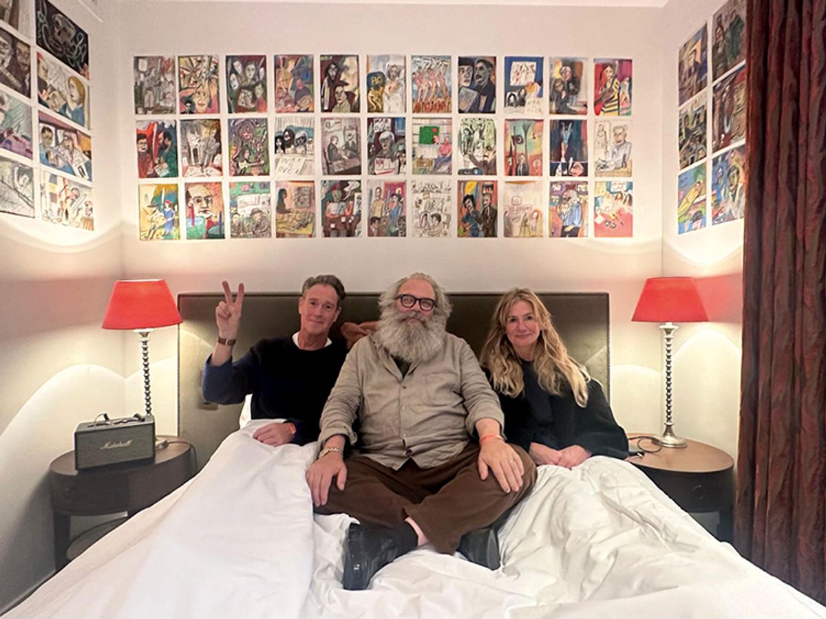 Bed-in 2.0? From left: Mark Hinchliffe and Matthew Collings with the curator Heidi Donohoe at the Minor Attractions fair Courtesy of A Modest Show