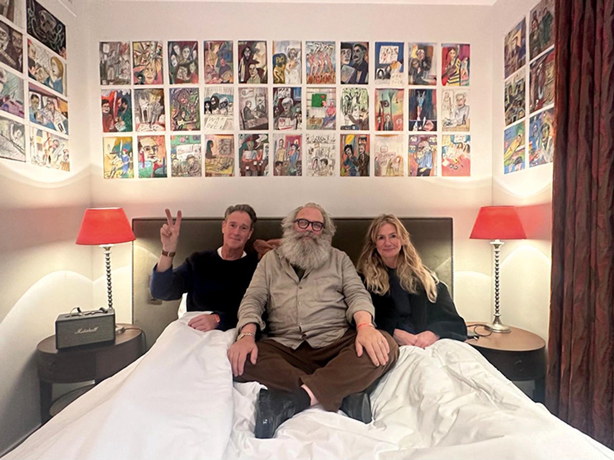 Bed-in 2.0? From left: Mark Hinchliffe and Matthew Collings with the curator Heidi Donohoe at the Minor Attractions fair Courtesy of A Modest Show