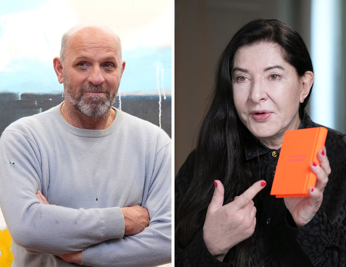 Winners of 2025 Praemium Imperiale awards: Peter Doig at his London studio and Marina Abramović with a copy of her book Abramović-isms Doig: © The Japan Art Association / The Sankei Shimbun. Abramović: © The Japan Art Association / The Sankei Shimbun: