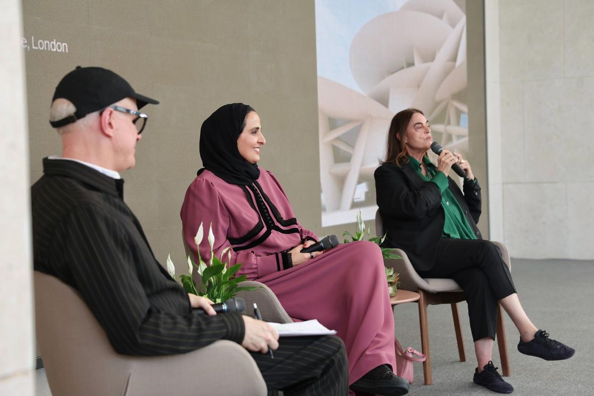 From left: Hans Ulrich Obrist, Sheikha Al Mayassa bint Hamad bin Khalifa Al Thani and Maja Hoffmann in conversation at Art Basel Qatar Courtesy of Qatar Museums