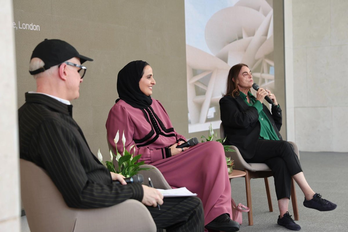 From left: Hans Ulrich Obrist, Sheikha Al Mayassa bint Hamad bin Khalifa Al Thani and Maja Hoffmann in conversation at Art Basel Qatar Courtesy of Qatar Museums