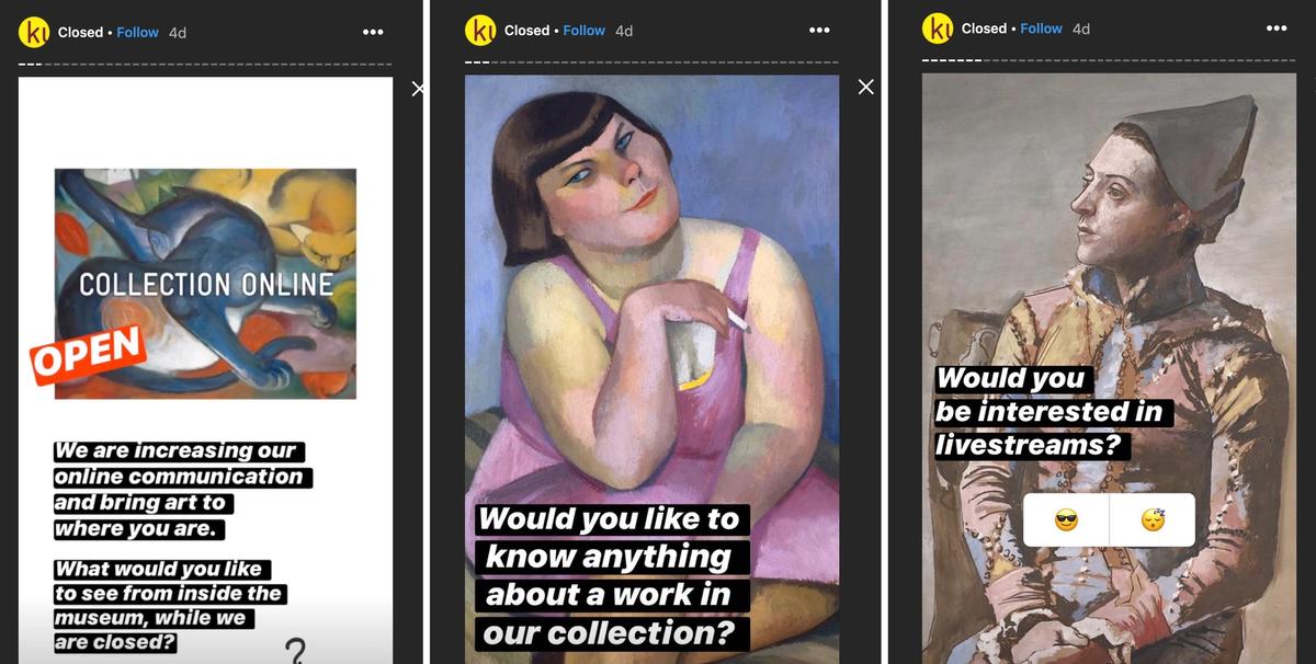 Screenshots from Kunstmuseum Basel's Instagram page asking followers what kind of content they want to see online. Courtesy of Kunstmuseum Basel Screenshots from Kunstmuseum Basel's Instagram page asking followers what kind of content they want to see online. Courtesy of Kunstmuseum Basel