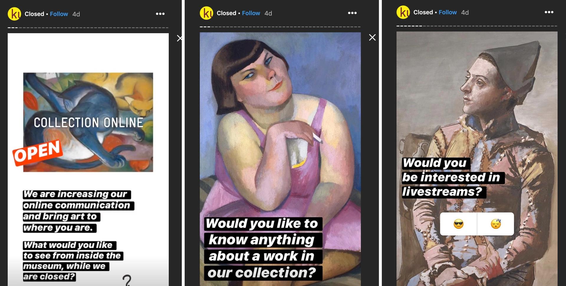 Screenshots from Kunstmuseum Basel's Instagram page asking followers what kind of content they want to see online. Courtesy of Kunstmuseum Basel Screenshots from Kunstmuseum Basel's Instagram page asking followers what kind of content they want to see online. Courtesy of Kunstmuseum Basel