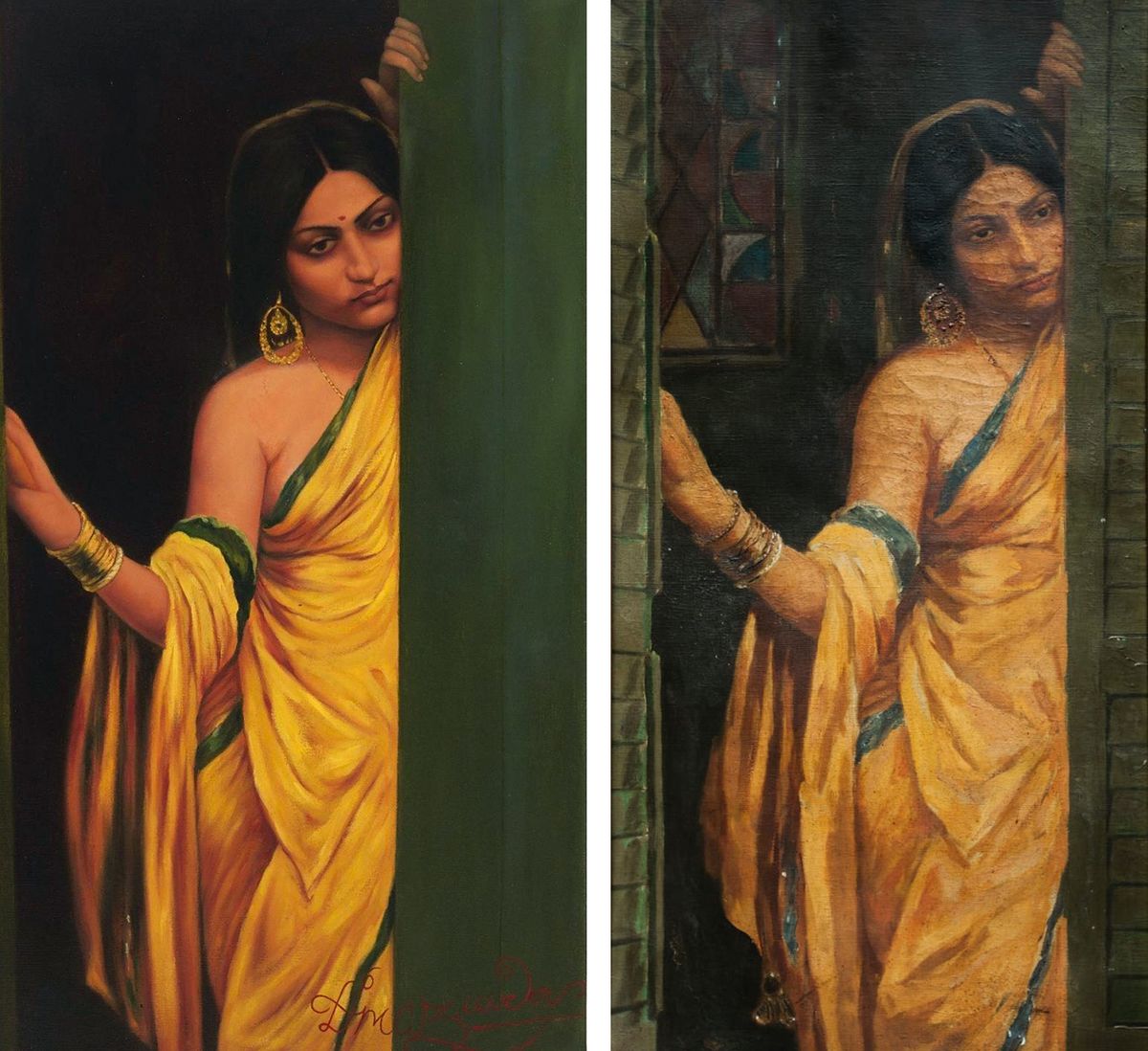 Left: In Expectation (1930s), attributed to Hemendranath Mazumdar in the exhibition Painting Freedom at Soas. Right: a very similar work by Mazumdar, in the collection of the artist's family