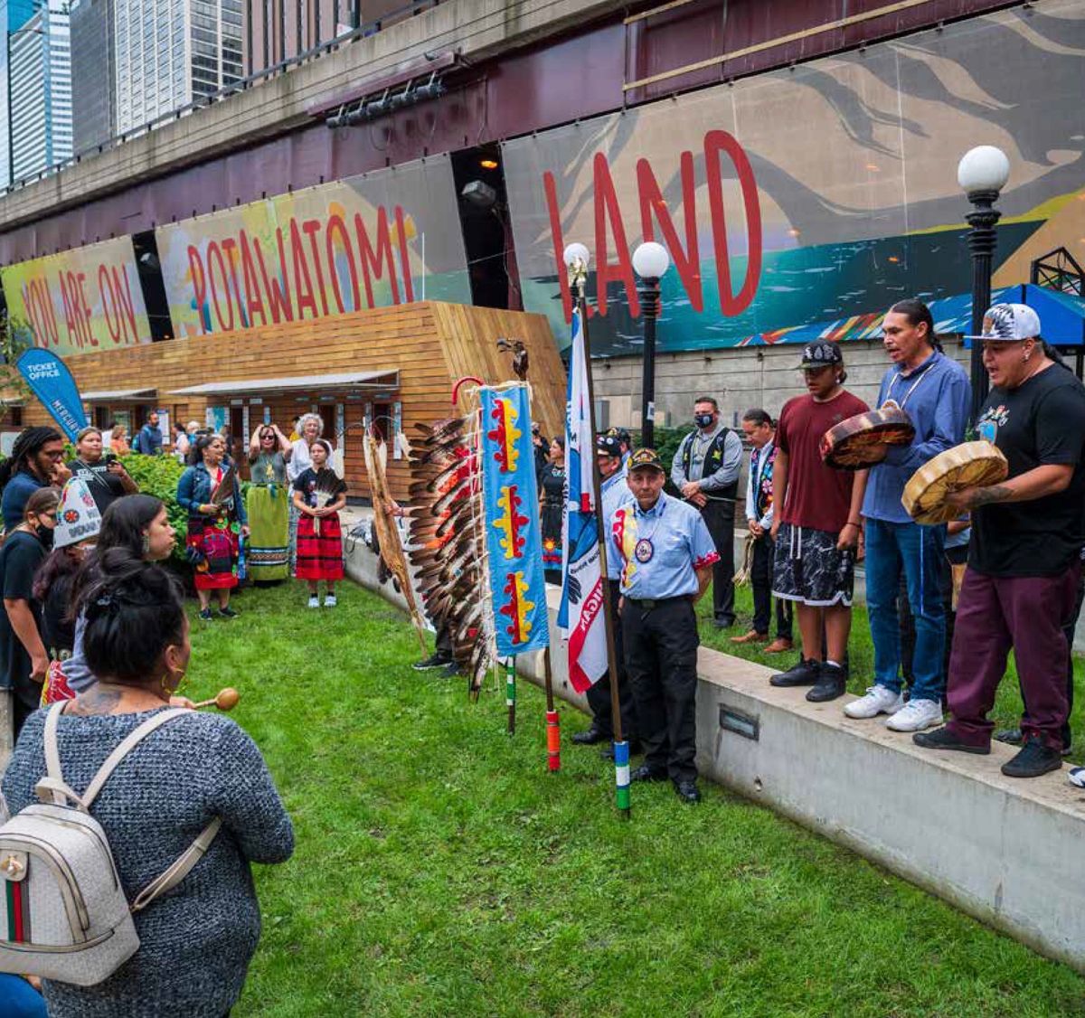 Andrea Carlson's mural You Are On Potawatomi Land (2021) during an Indigenous Peoples' Day celebration in Chicago. Photo © Patrick L. Pyszka, City of Chicago.