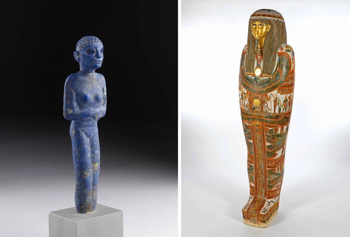 Left: Lapis lazuli figure of a woman, 3325-2575BC. Right: Cartonnage mummy-case of a priest called Nakhtefmut, 924-889BC
Lapis lazuli figure: Photo: Ashmolean Museum/Bridgeman Images. Cartonnage mummy-case: Photo: The Fitzwilliam Museum, University of Cambridge