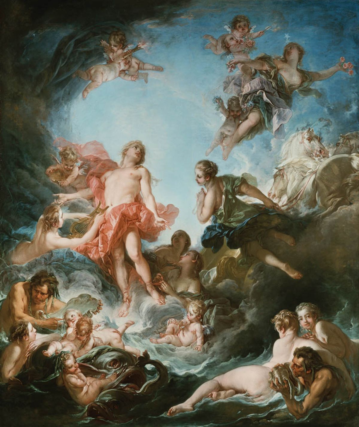 In François Boucher’s The Rising of the Sun, the Rococo artist swathes Apollo, god of the sun and symbol of the French kings, in pink fabric Wallace Collection