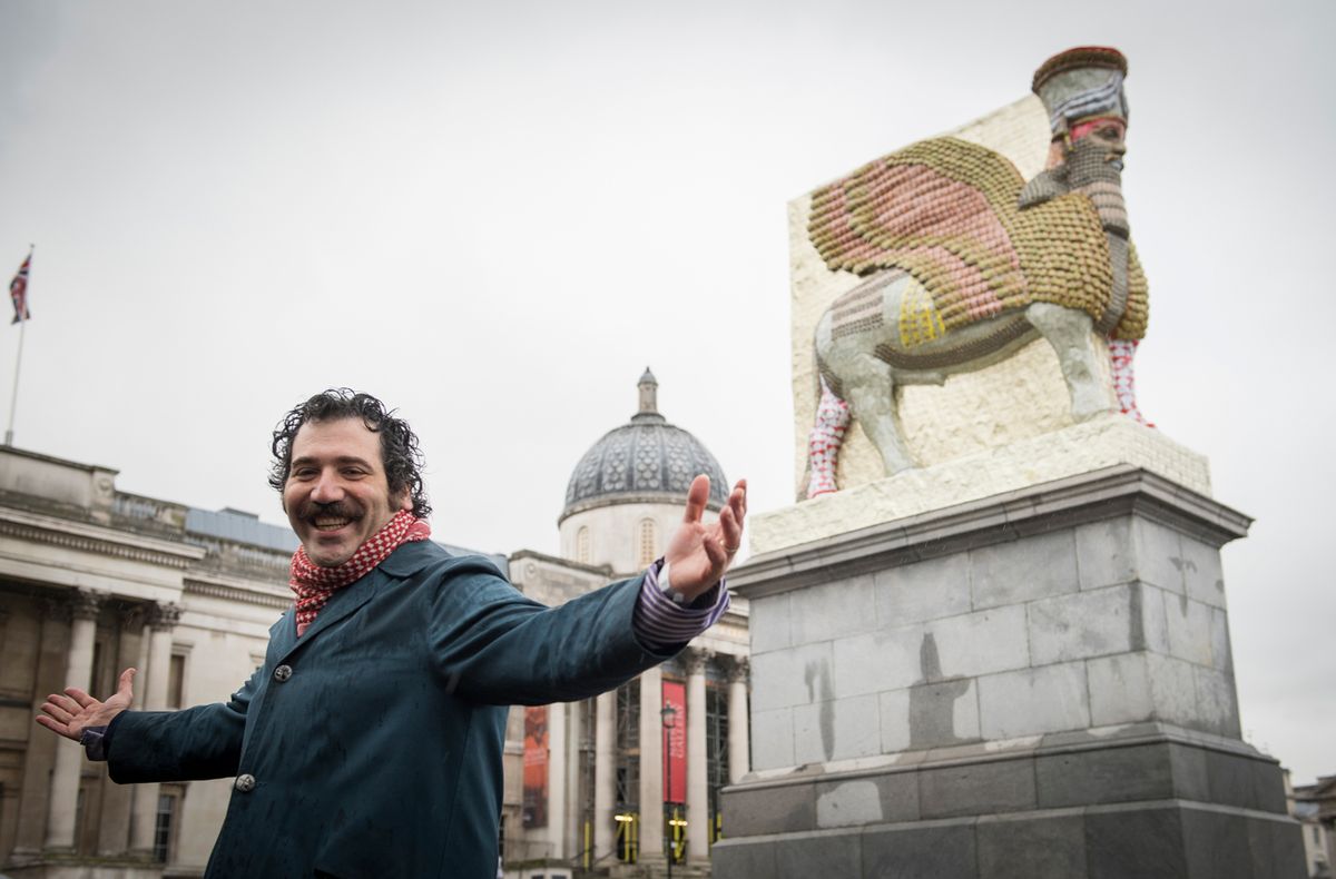 Michael Rakowitz in front of his Fourth Plinth commission, The Invisible Enemy Should Not Exist, in Trafalgar Square, London Photo: Caroline Teo