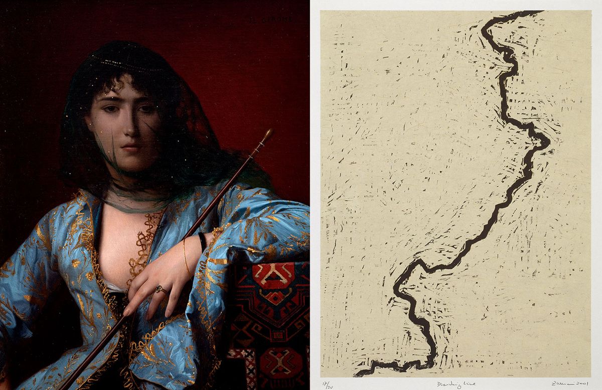 Jean-Léon Gérôme, Veiled Circassian Lady (1876) from Seeing Is Believing: the art and influence of Gérôme at Mathaf, the Museum of Modern Arab Art, in Qatar, and Zarina's woodcut Dividing Line (2001) from Manzar at the National Museum of Qatar Zarina: © Zarina. Courtesy of the artist and Luhring Augustine, New York. Image credit Lamay Photo