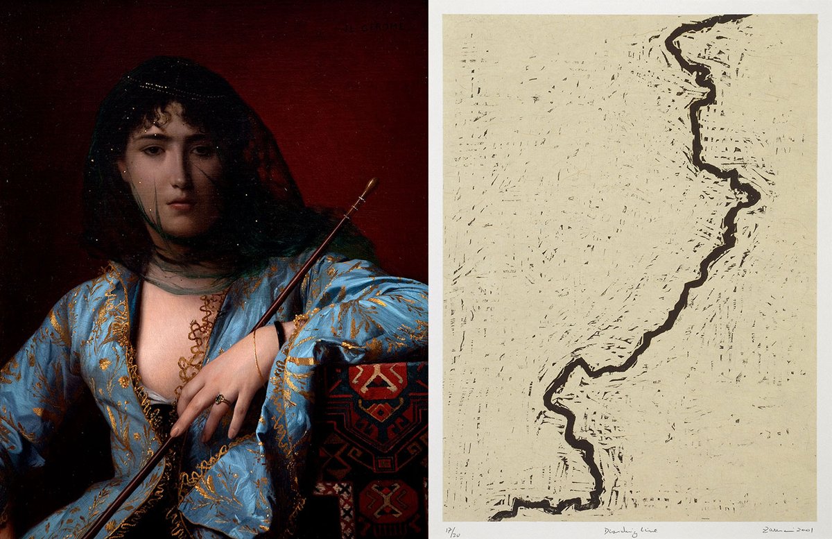 Jean-Léon Gérôme, Veiled Circassian Lady (1876) from Seeing Is Believing: the art and influence of Gérôme at Mathaf, the Museum of Modern Arab Art, in Qatar, and Zarina's woodcut Dividing Line (2001) from Manzar at the National Museum of Qatar Zarina: © Zarina. Courtesy of the artist and Luhring Augustine, New York. Image credit Lamay Photo