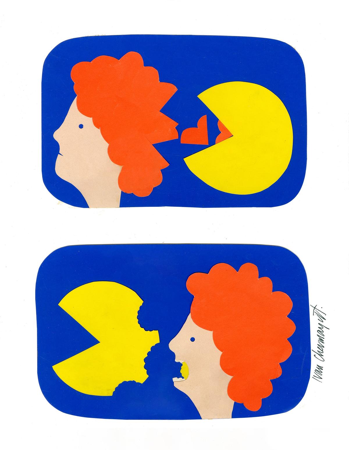 Original Pac Man art for TV Guide, Ivan Chermayeff’s deceptively simple collage was used to produce a silly and witty illustration School of Visual Arts, Milton Glaser Design Study Center and Archives