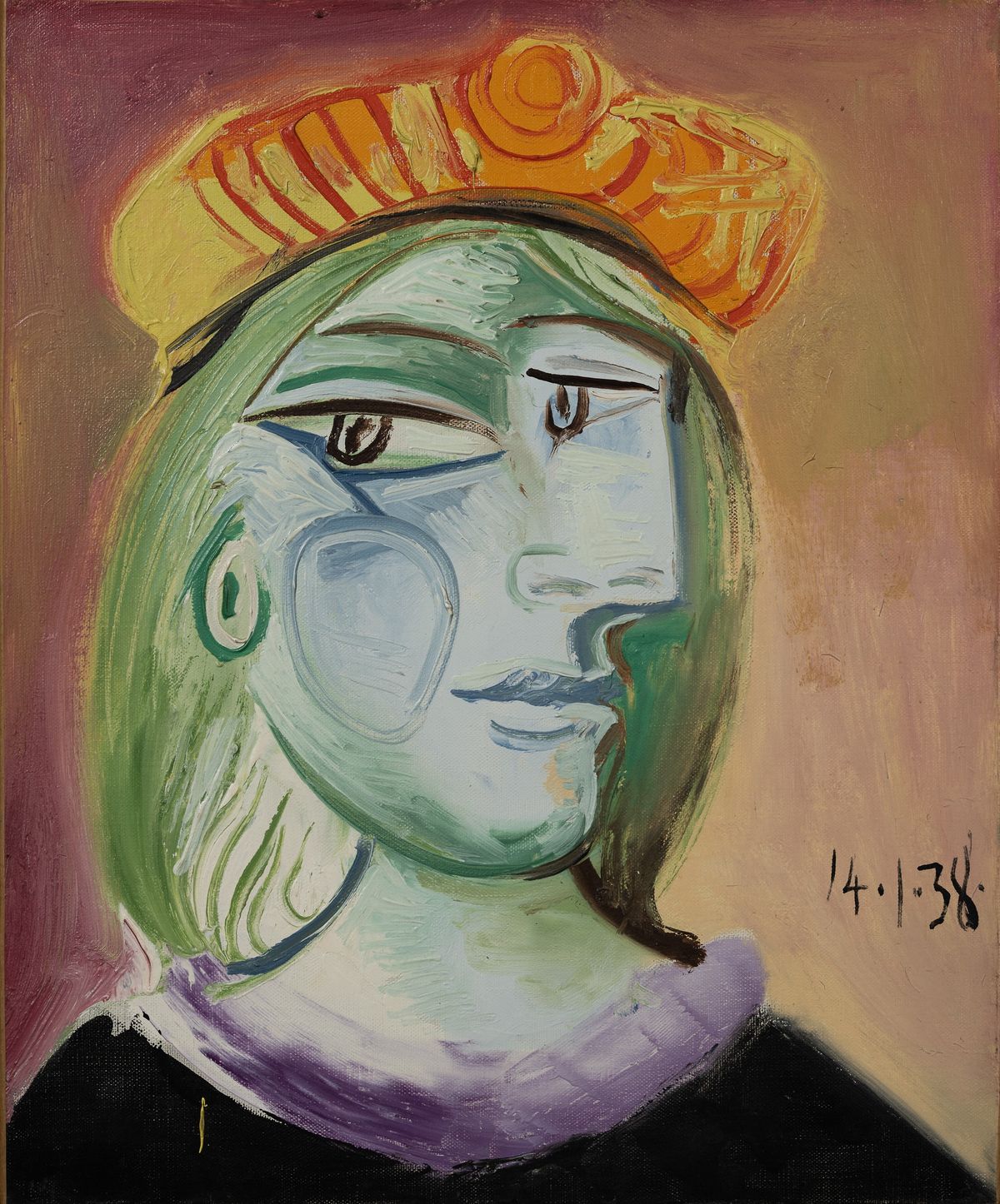 Femme au béret rouge-orange (1938) Images courtesy Sotheby’s & MGM Resorts. © 2021 Estate of Pablo Picasso / Artists Rights Society (ARS), New York