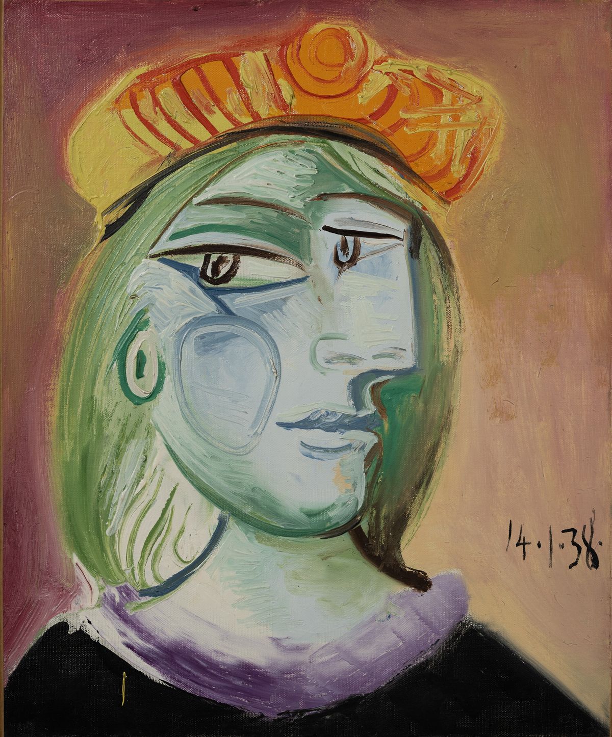 Femme au béret rouge-orange (1938) Images courtesy Sotheby’s & MGM Resorts. © 2021 Estate of Pablo Picasso / Artists Rights Society (ARS), New York