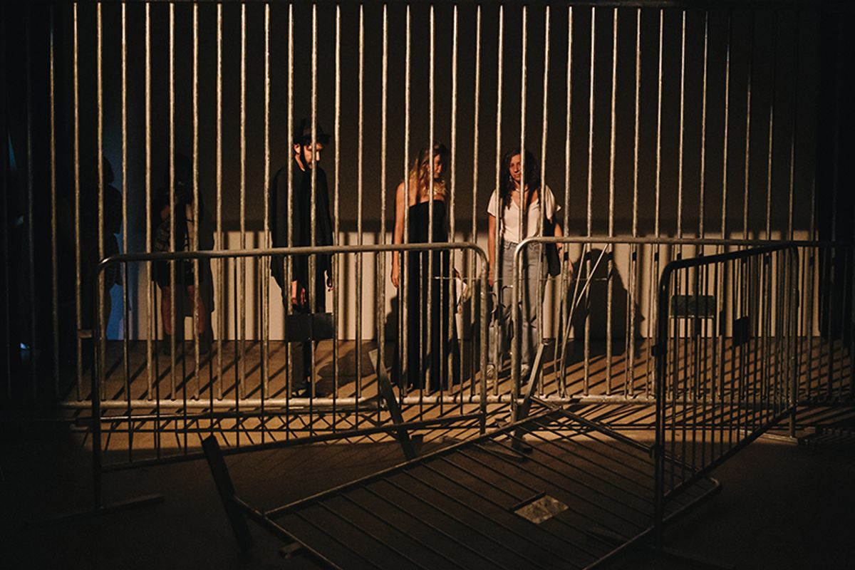 Apprehensive-looking visitors at Antonia Wright’s Control installation at Spinello Projects, Miami Diana Larrea; courtesy Spinello Projects