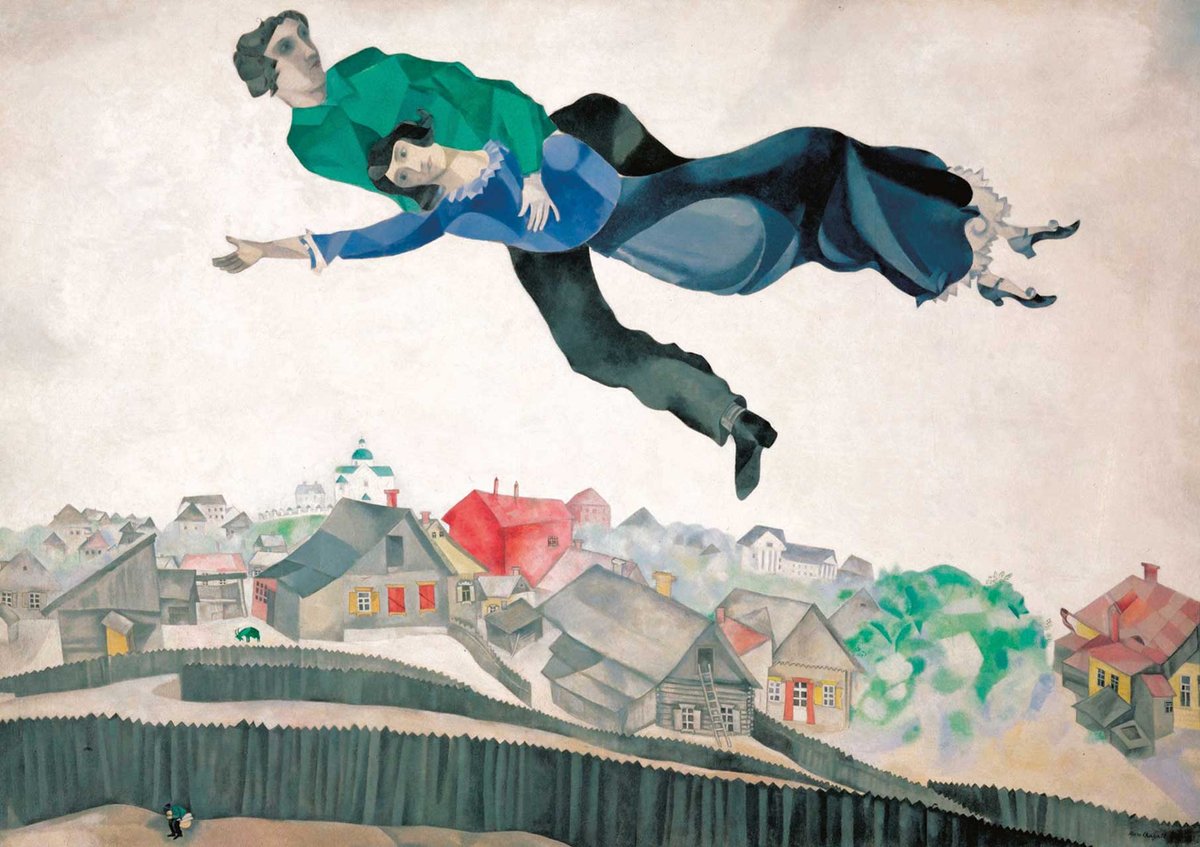 Over the Town (1918) by Marc Chagall, who joined the Russian government payroll in 1918 as commissar for the arts in the city of Vitebsk
© Marc Chagall, ADAGP, Paris and DACS, London 2024