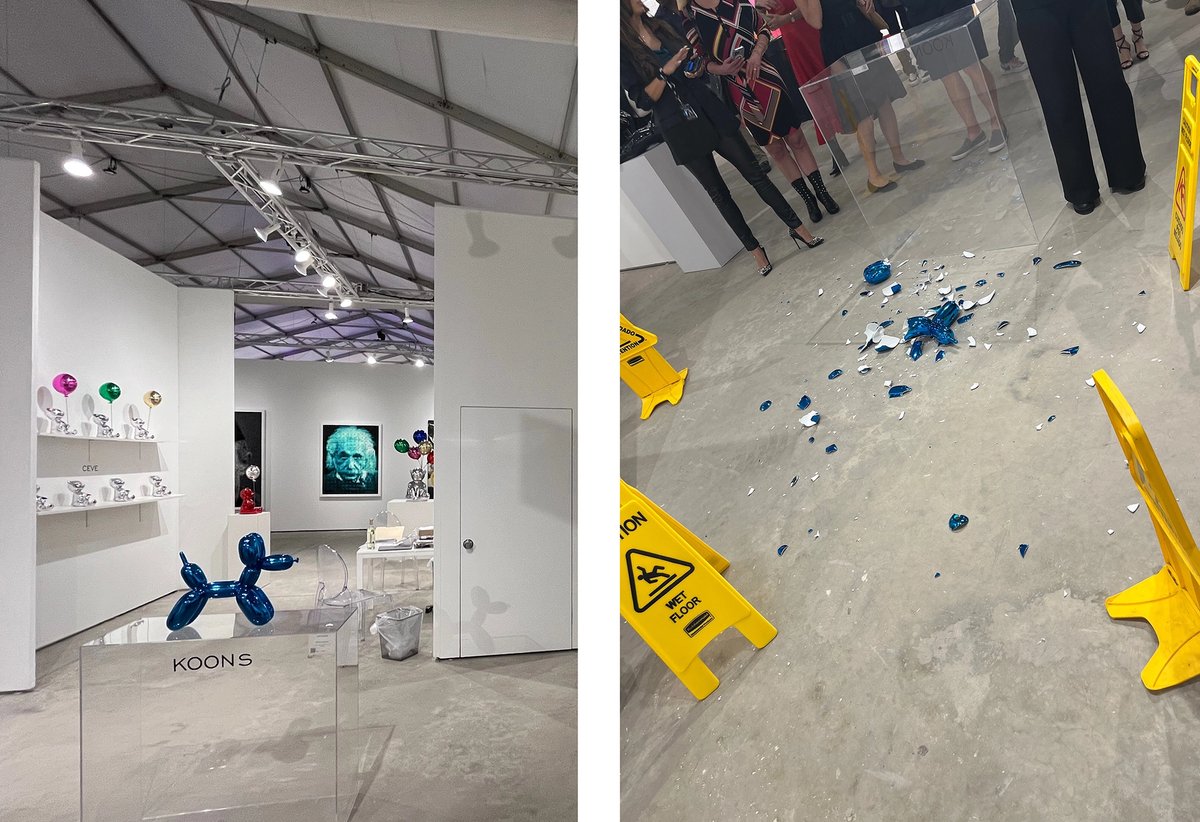 Left: Jeff Koons's Balloon Dog in its pedestal; Right: the work smashed on the floor
Courtesy Bel-Air Fine Art