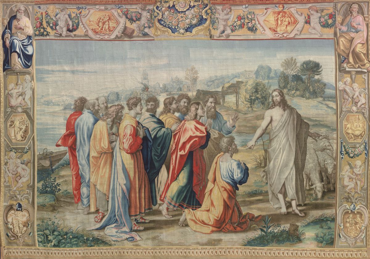 Mortlake Tapestry Manufactory after designs by Raphael, Feed My Sheep (Christ's Charge to Peter) (after 1625). Staatliche Kunstsammlungen Dresden, Gemäldegalerie Alte Meister.