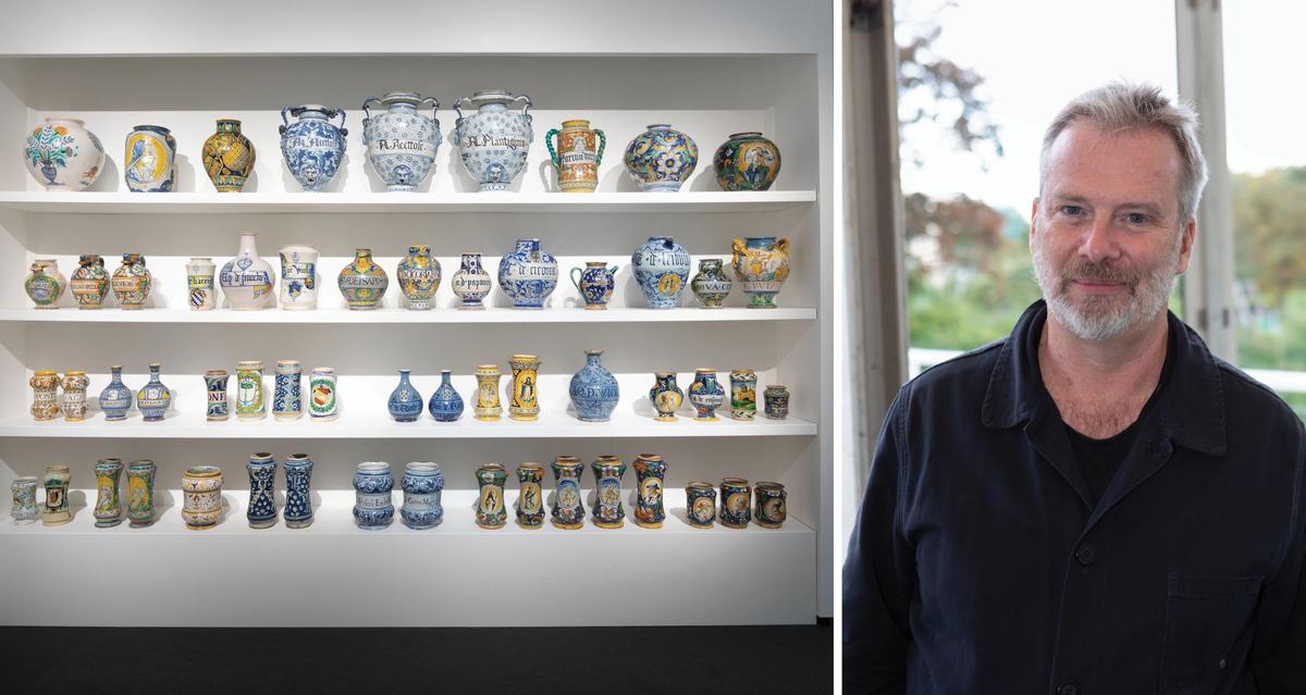 Luke Syson (right) takes us on a tour of Stand Out, his curated section of nine stands at Frieze Masters, including a booth of Renaissance ceramic pharmacy jars on show at Raccanello & Le Prince (left) Photo: David Owens