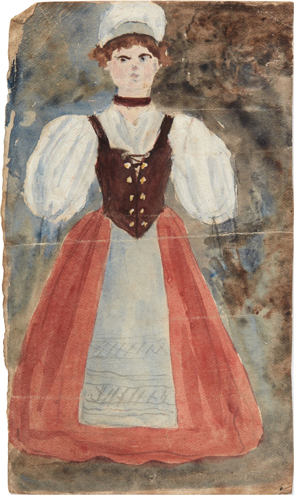 Charlotte Brontë Juvenile watercolour portrait of a Glass Town peasant woman (around 1828) Image: courtesy of Sotheby's