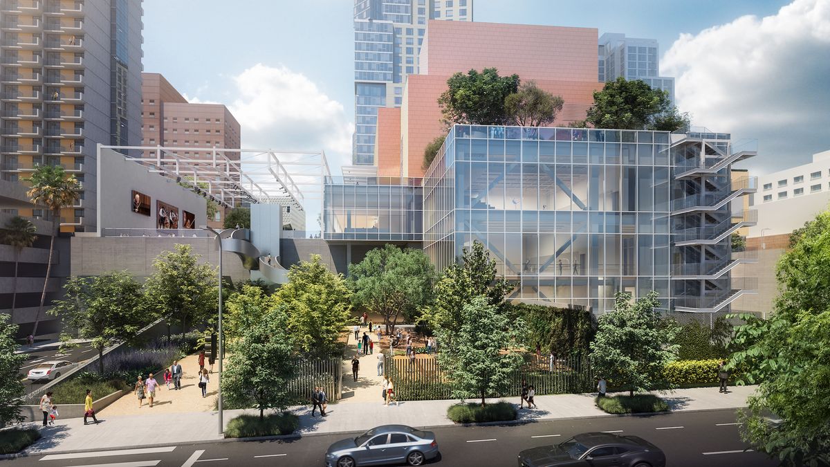 Rendering of the Colburn Center at the Colburn School, view from Hill Street west towards dance school entrance, adjacent park and stairs leading up to Olive Street and public plaza. © Gehry Partners.