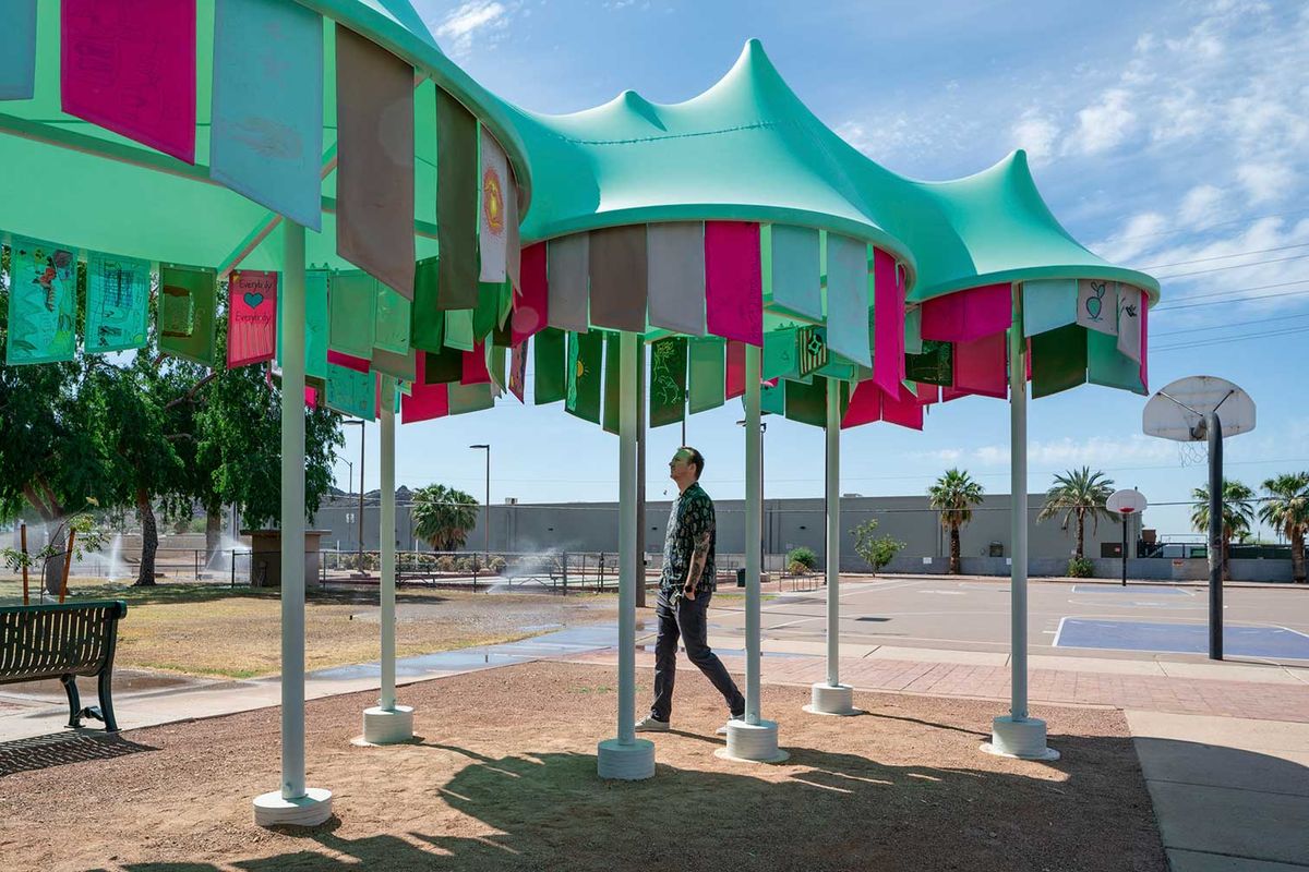 Cool down a notch: Reflections on Sunnyslope by Jessica Arias features tent-like shades made with UV-resistant canvas and heat-reducing paints, resulting in a striking 48°F difference at one point
Photo: Aaron Rothman