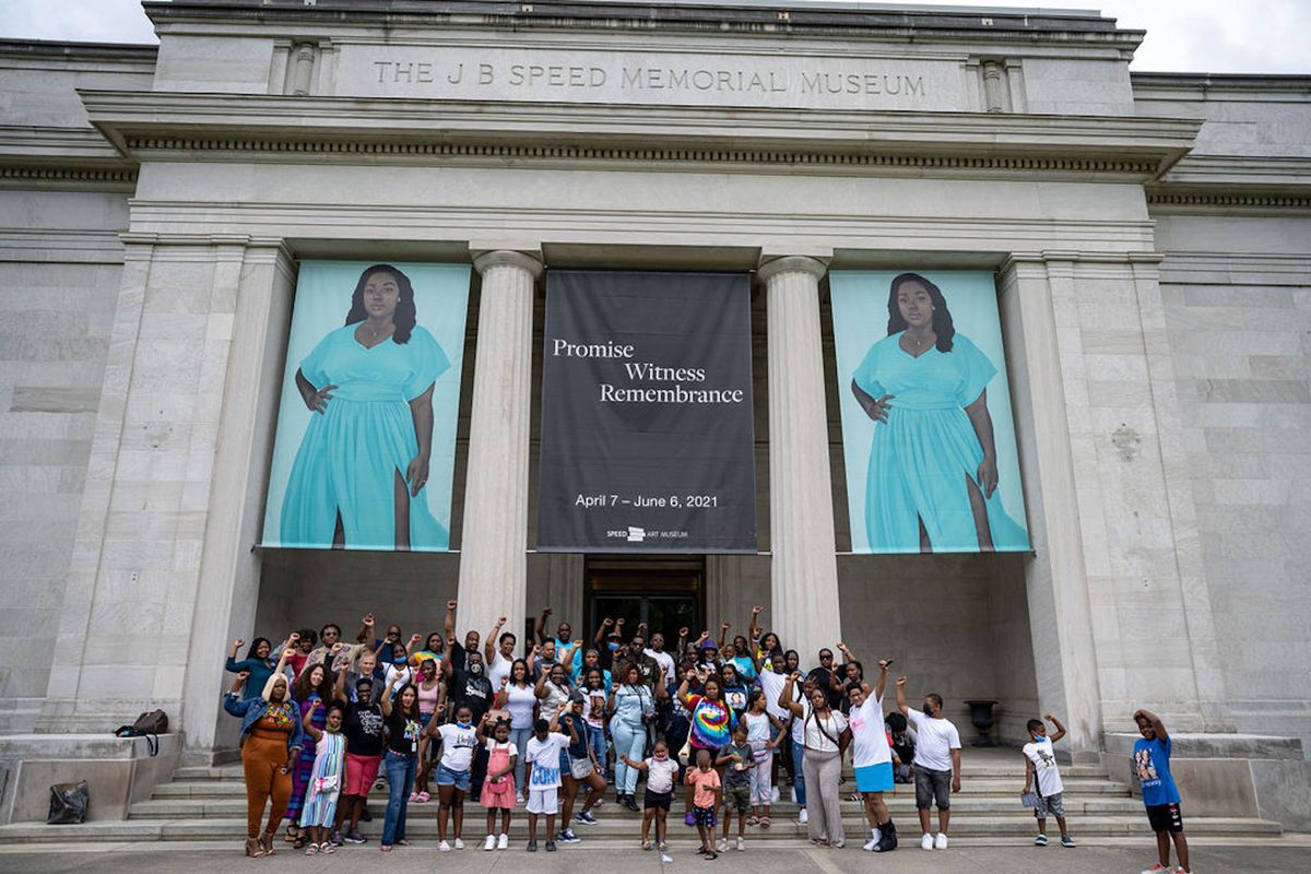 Visitors to the Speed Art Museum's exhibition Promise, Witness, Remembrance. Photo by Jon P. Cherry, courtesy of the Speed Art Museum.