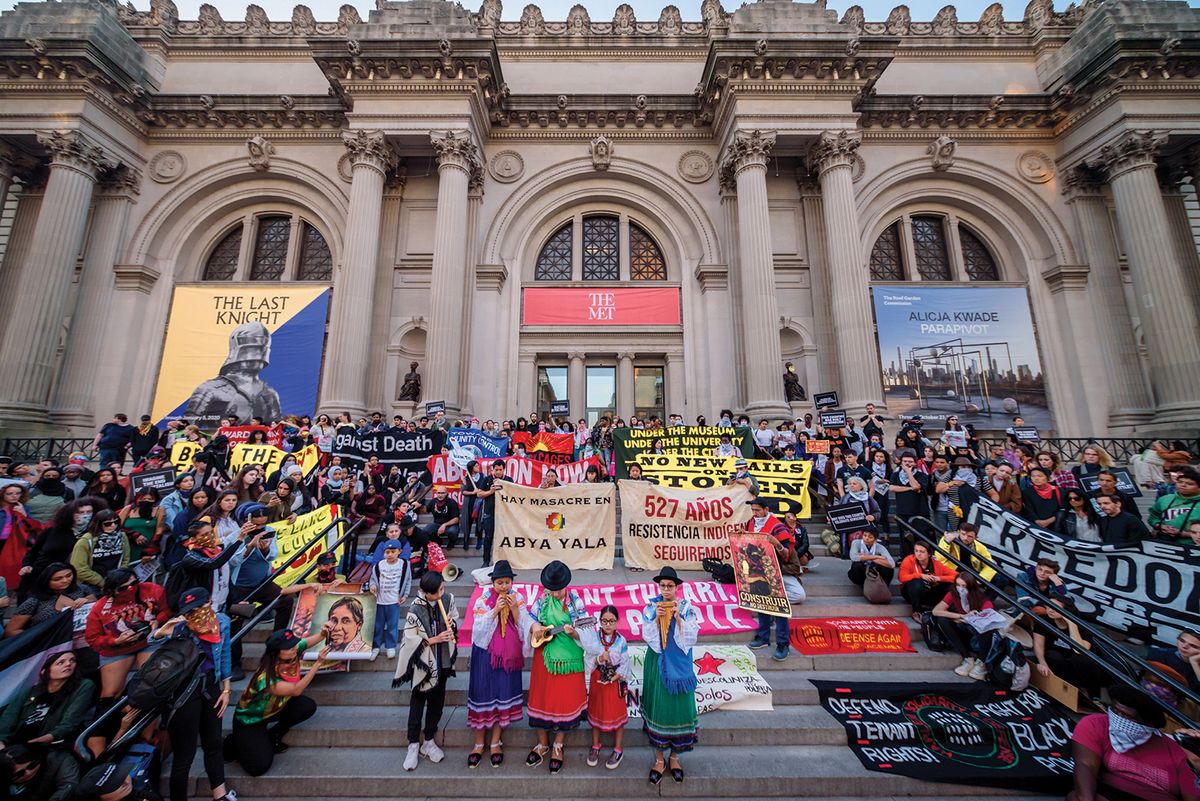 Step it up: Indigenous artists perform at a decolonisation rally outside the Met museum, New York. Photo: Erik McGregor/LightRocket via Getty Images. 
