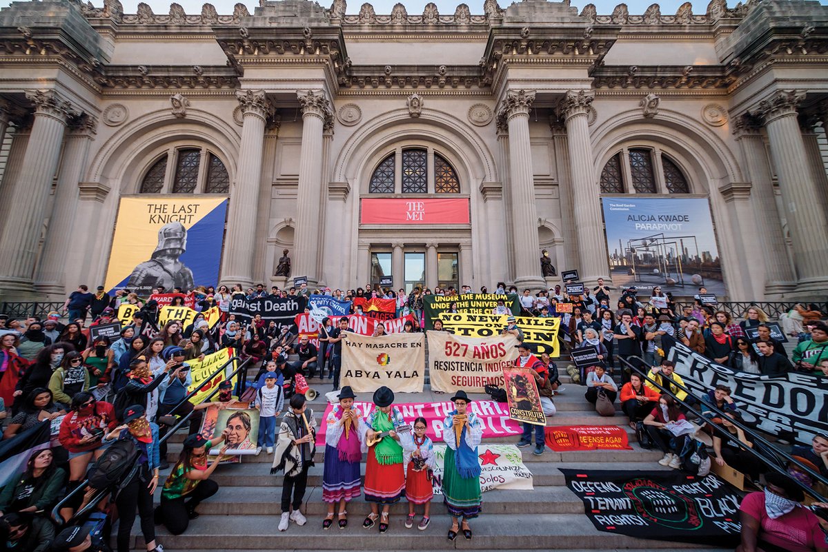 Step it up: Indigenous artists perform at a decolonisation rally outside the Met museum, New York. Photo: Erik McGregor/LightRocket via Getty Images.