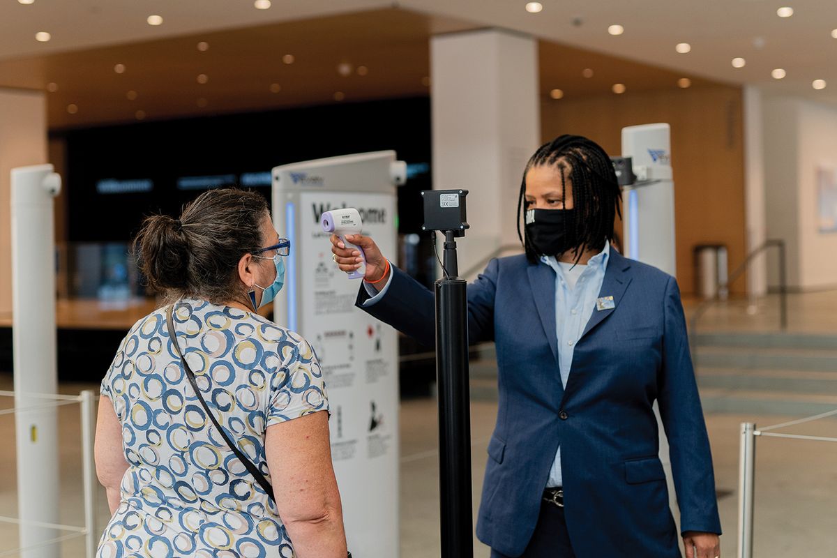 Zapping Covid: safety measures at New York’s Museum of Modern Art include temperature checks and mandatory face masks © Amir Hamja/Bloomberg via Getty Images