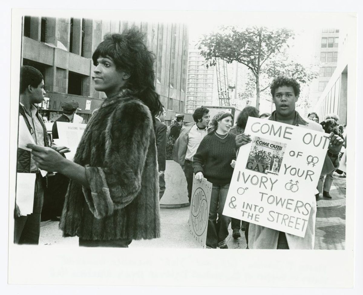 Untitled, around 1970 (Marsha P. Johnson hands out flyers in support of gay students at NYU). The image features in the exhibition Art After Stonewall, 1969-89 at New York University’s Grey Art Gallery (until 20 July) and the Leslie-Lohman Museum of Gay and Lesbian Art (until 21 July). © Diana Davies / New York Public Library / Art Resource, NY.