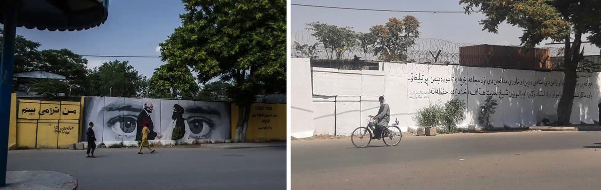 The Taliban has started painting over ArtLords murals on Kabul's blast walls. This image has been replace with a black and white message that says "don’t trust the enemy’s propaganda" Courtesy of @artlordsnet/Instagram