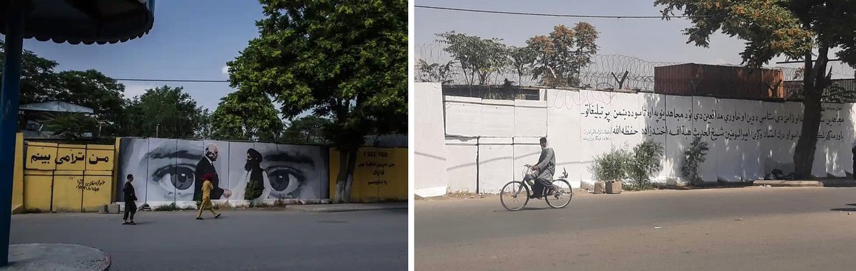 The Taliban has started painting over ArtLords murals on Kabul's blast walls. This image has been replace with a black and white message that says "don’t trust the enemy’s propaganda" Courtesy of @artlordsnet/Instagram