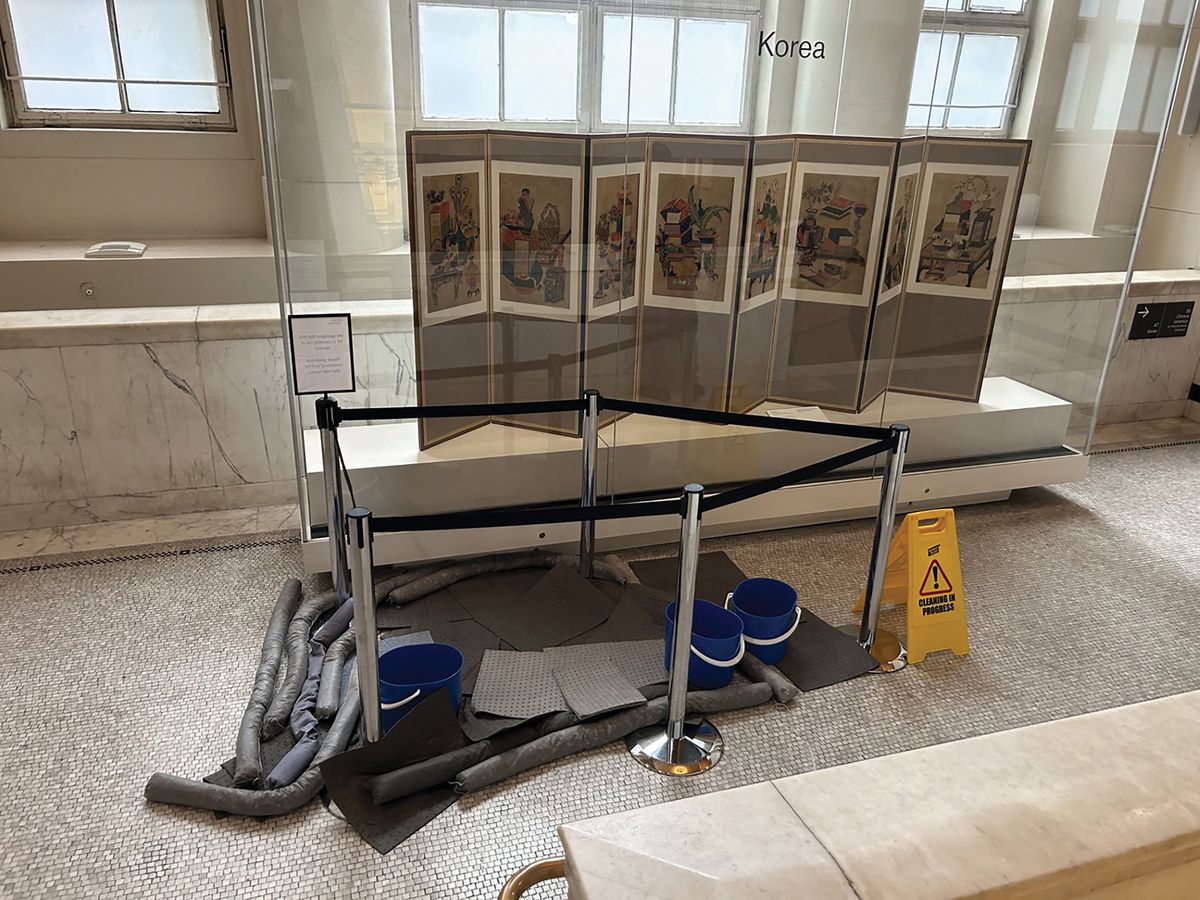 Plugging the leaks: water ingress on a North Stairs landing at London’s British Museum, photographed in November 2023 Photo: The Art Newspaper