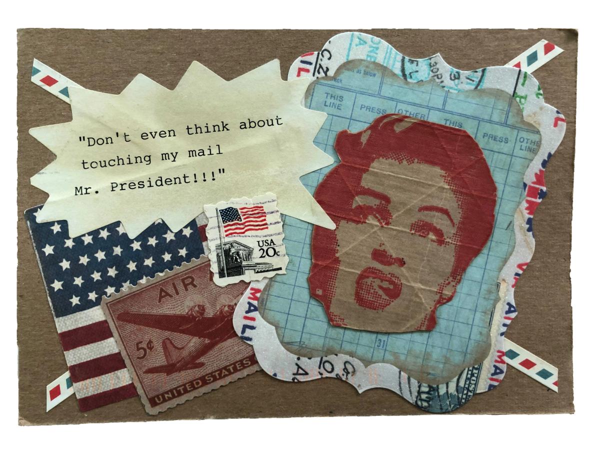 A submission sent by Kim P to the Postcards for Democracy project, by Mark Mothersbaugh and Beatie Wolfe Postcards for Democracy