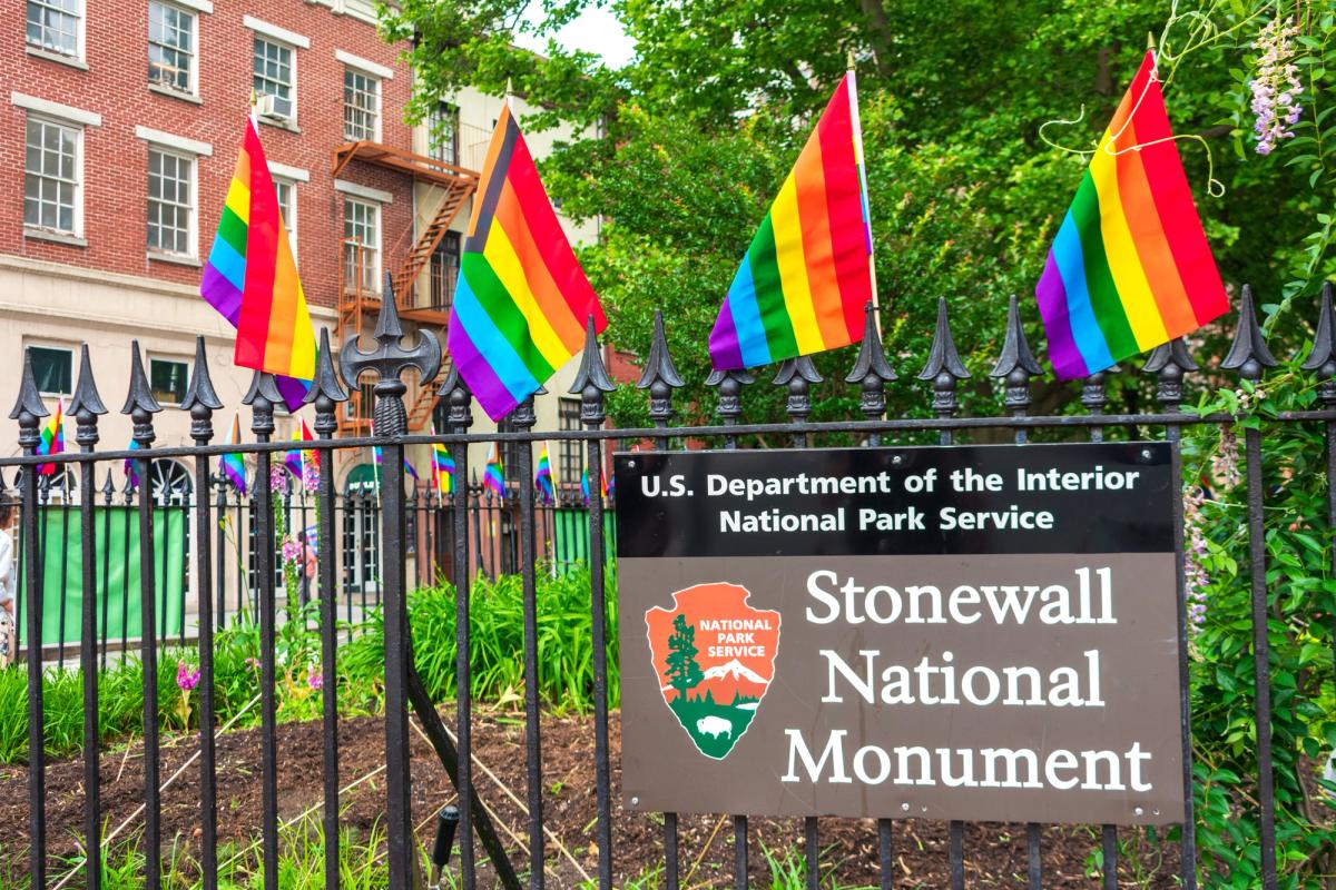 Rainbow flags at Christopher Park, part of the Stonewall National Monument. A larger LGBTQ+ flag was removed by the Trump administration this week, sparking protests
Photo: MichaelVi
