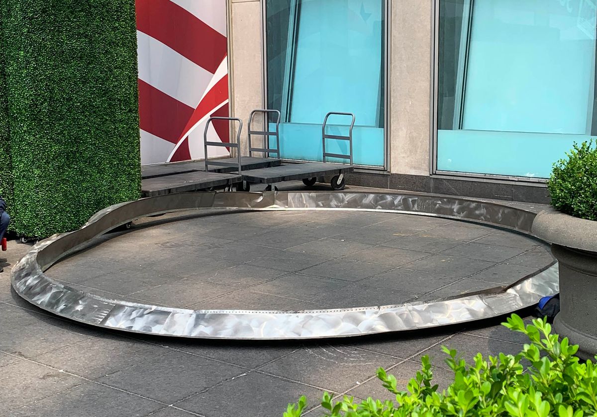 Part of George Rickey's sculpture Annular Eclipse Sixteen Feet I (1998) is stored on the sidewalk after falling off its support on 14 August 2024 Benjamin Sutton