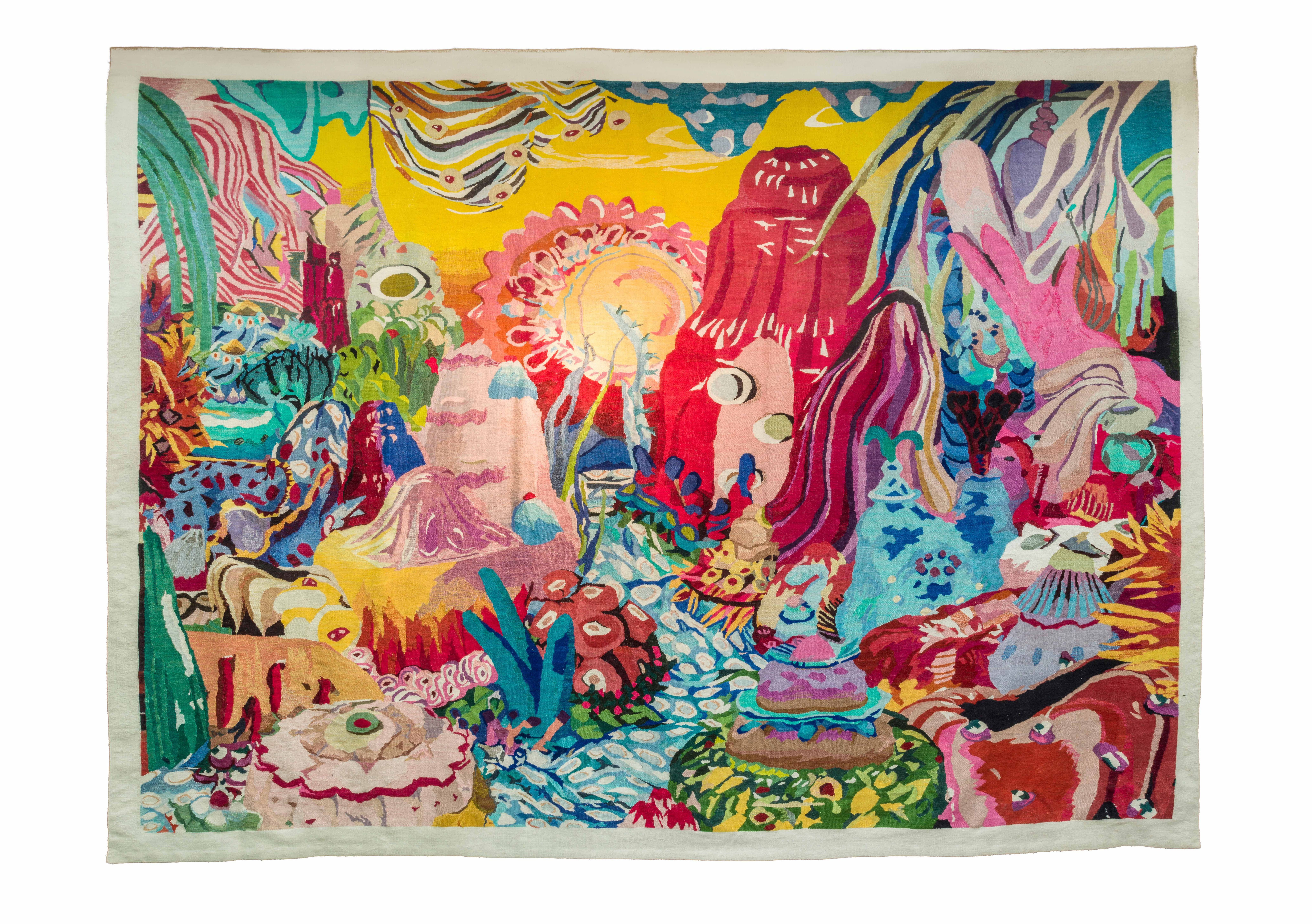 Misha Khan’s tapestry The Slippery Feel of Inevitability (2016), at Friedman Benda Photo: Andrew Meredith; courtesy of the artist and Friedman Benda